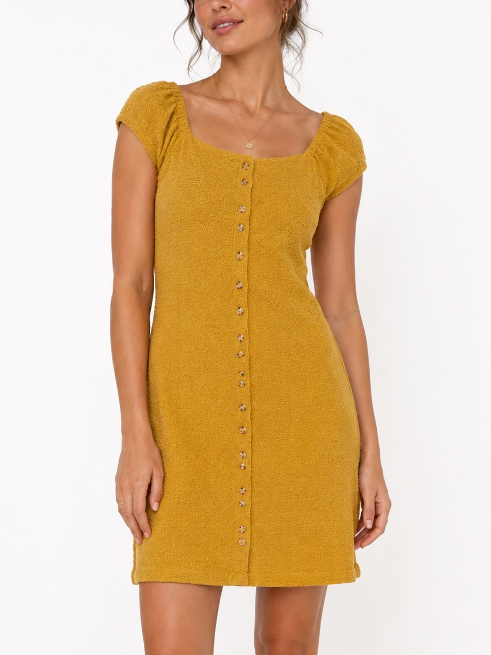 Madewell cotton nubby Texture & Thread button Euro Summer mustard dress size M